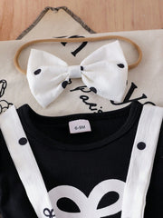 3pcs Girls Bow Print Ruffle Tee & Polka Dot Suspender Skirt Set - Onyx