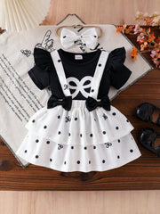 3pcs Girls Bow Print Ruffle Tee & Polka Dot Suspender Skirt Set - Onyx