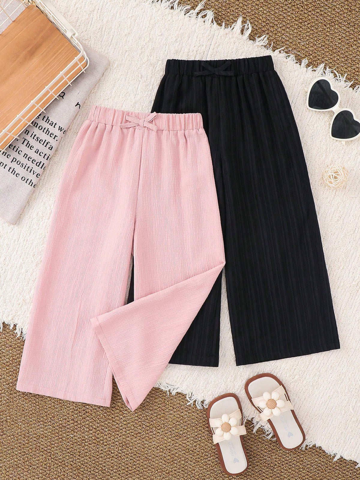 2pcs Little Girls Wide-Leg Crinkle Textured Pants Set - Blush | 21 ...