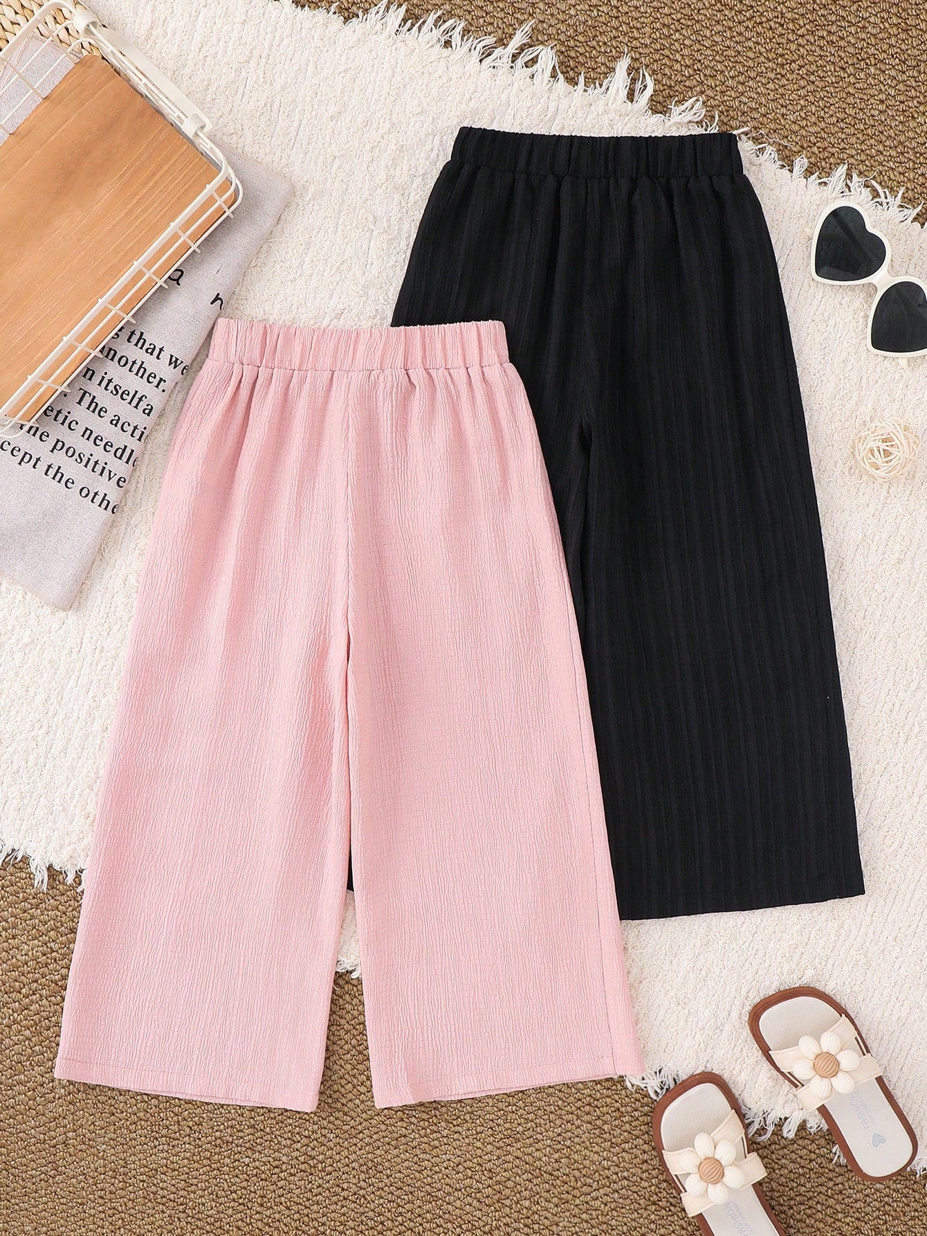 2pcs Little Girls Wide-Leg Crinkle Textured Pants Set - Blush | 21 ...
