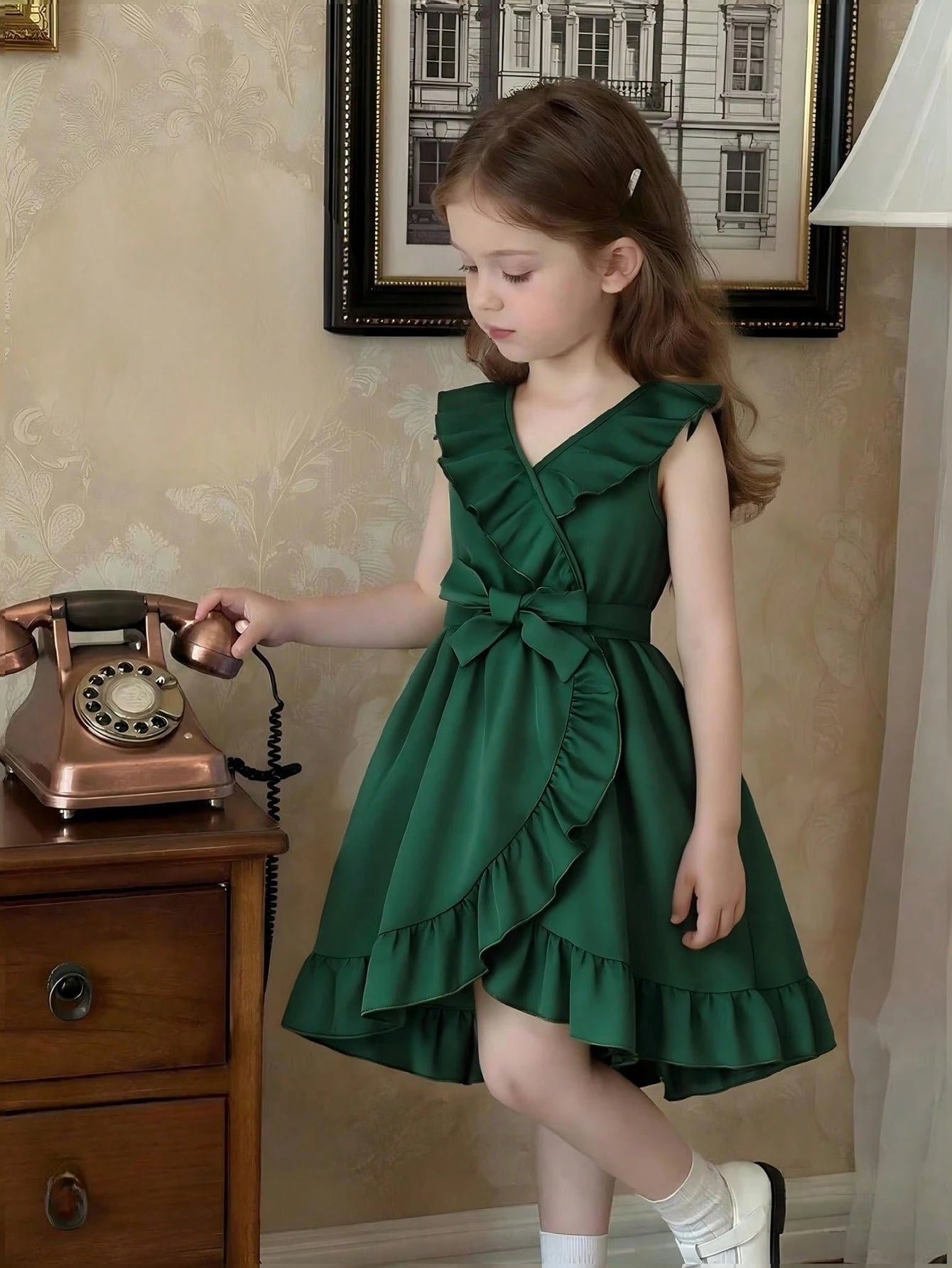 Little Girls Ruffle Wrap A-Line Sleeveless Dress - Emerald