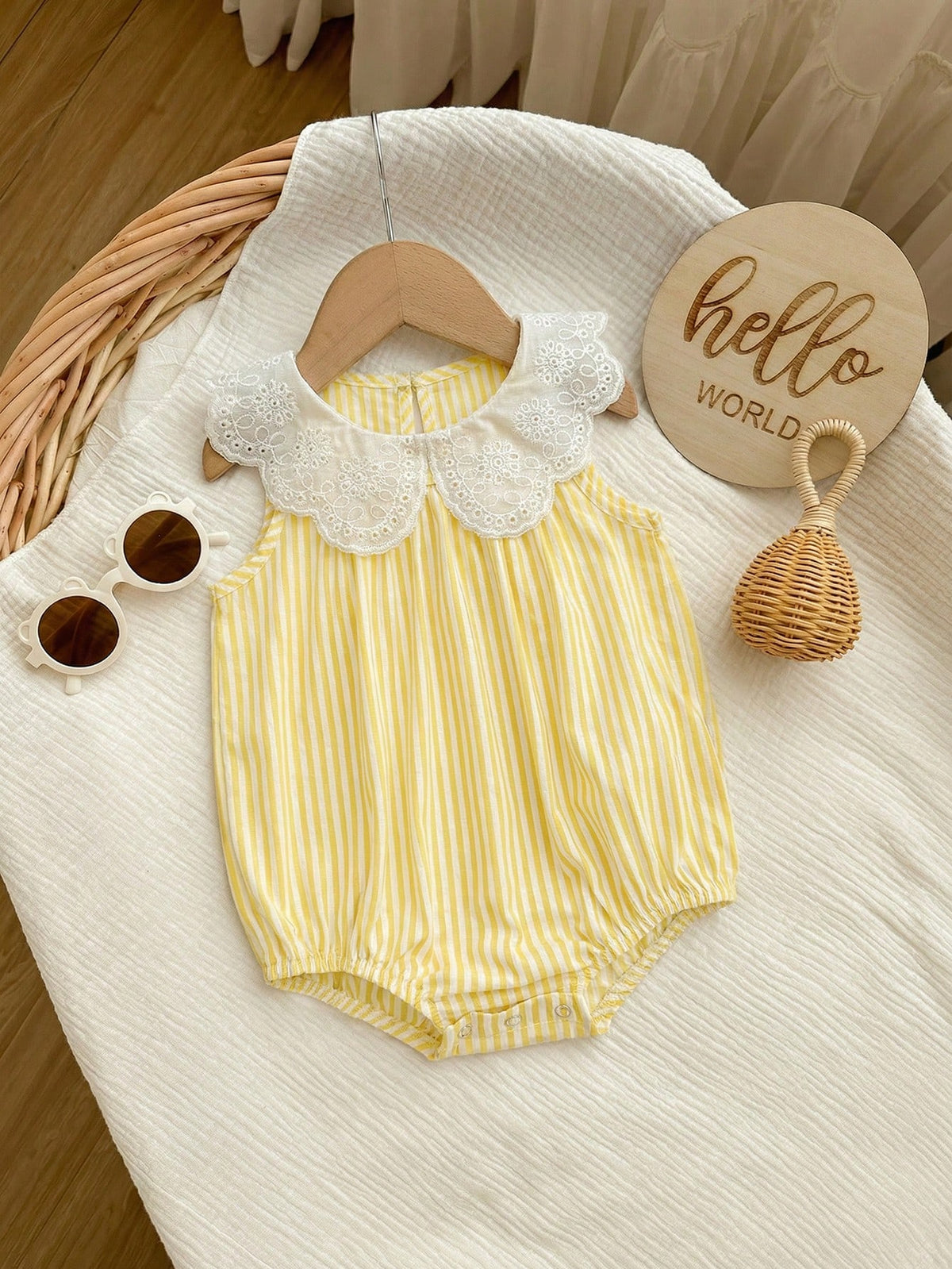 Baby Girls Eyelet Peter Pan Collar Striped Romper - Buttercup