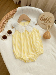 Baby Girls Eyelet Peter Pan Collar Striped Romper - Buttercup