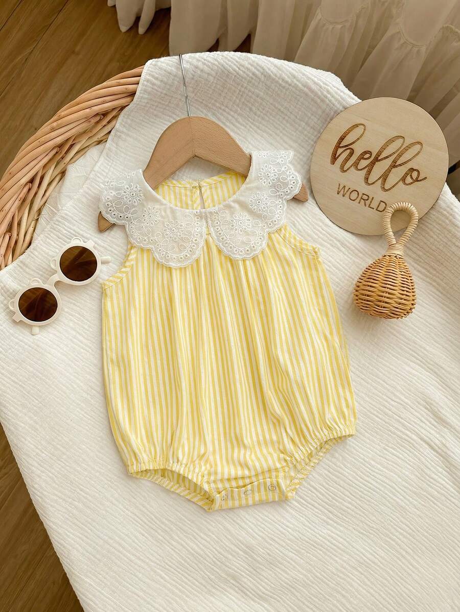 Baby Girls Eyelet Peter Pan Collar Striped Romper - Buttercup