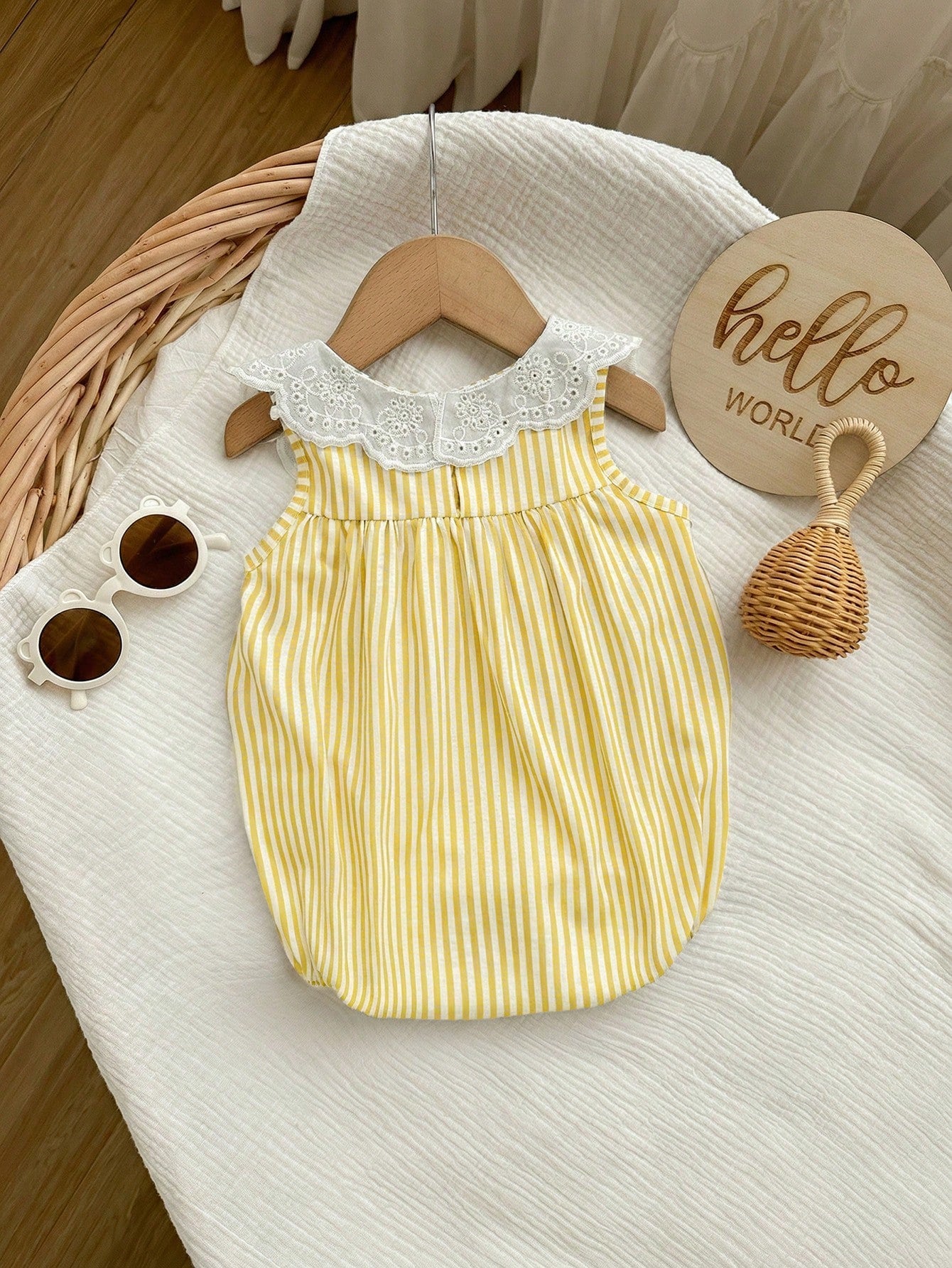 Baby Girls Eyelet Peter Pan Collar Striped Romper - Buttercup