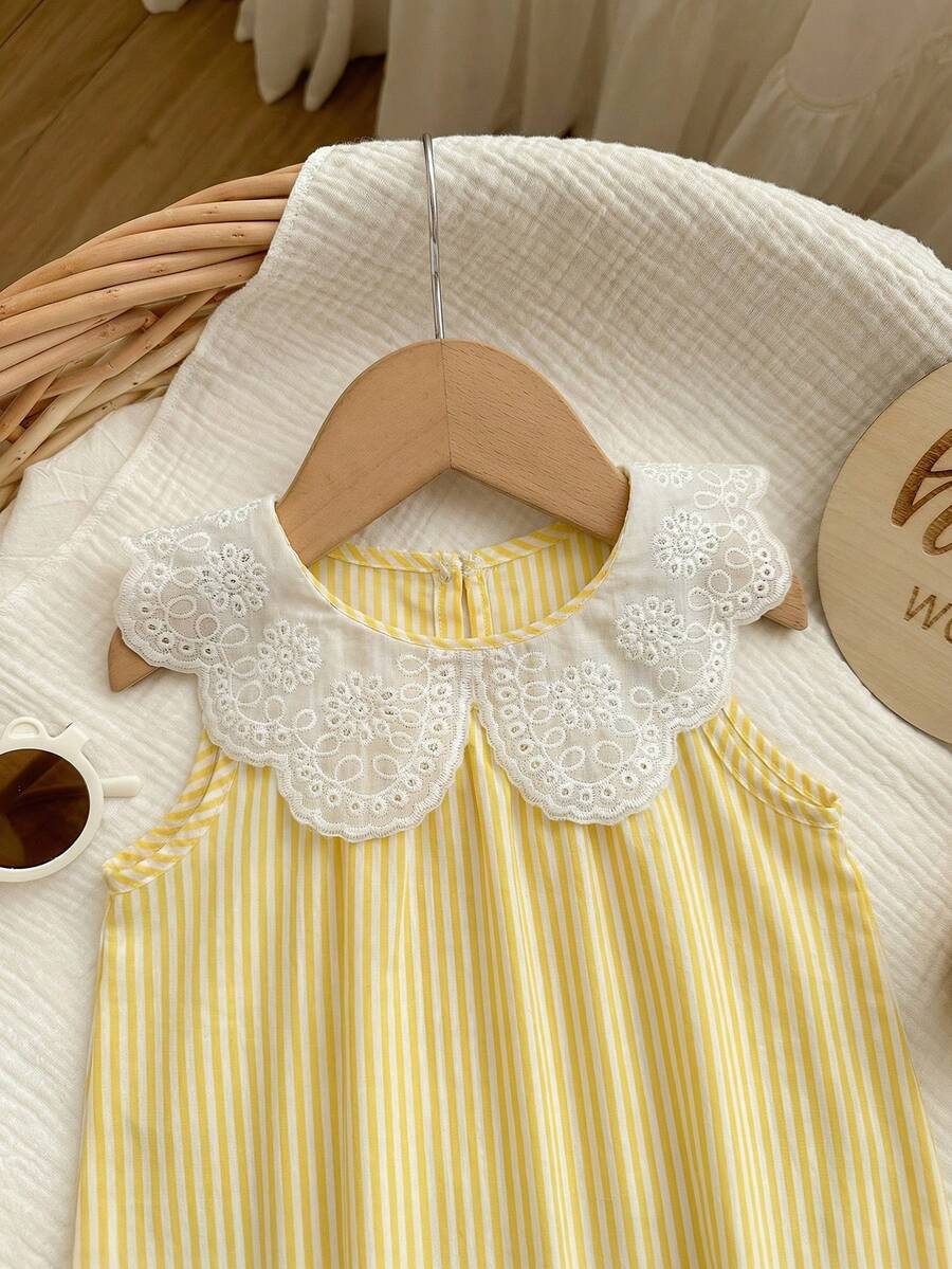 Baby Girls Eyelet Peter Pan Collar Striped Romper - Buttercup