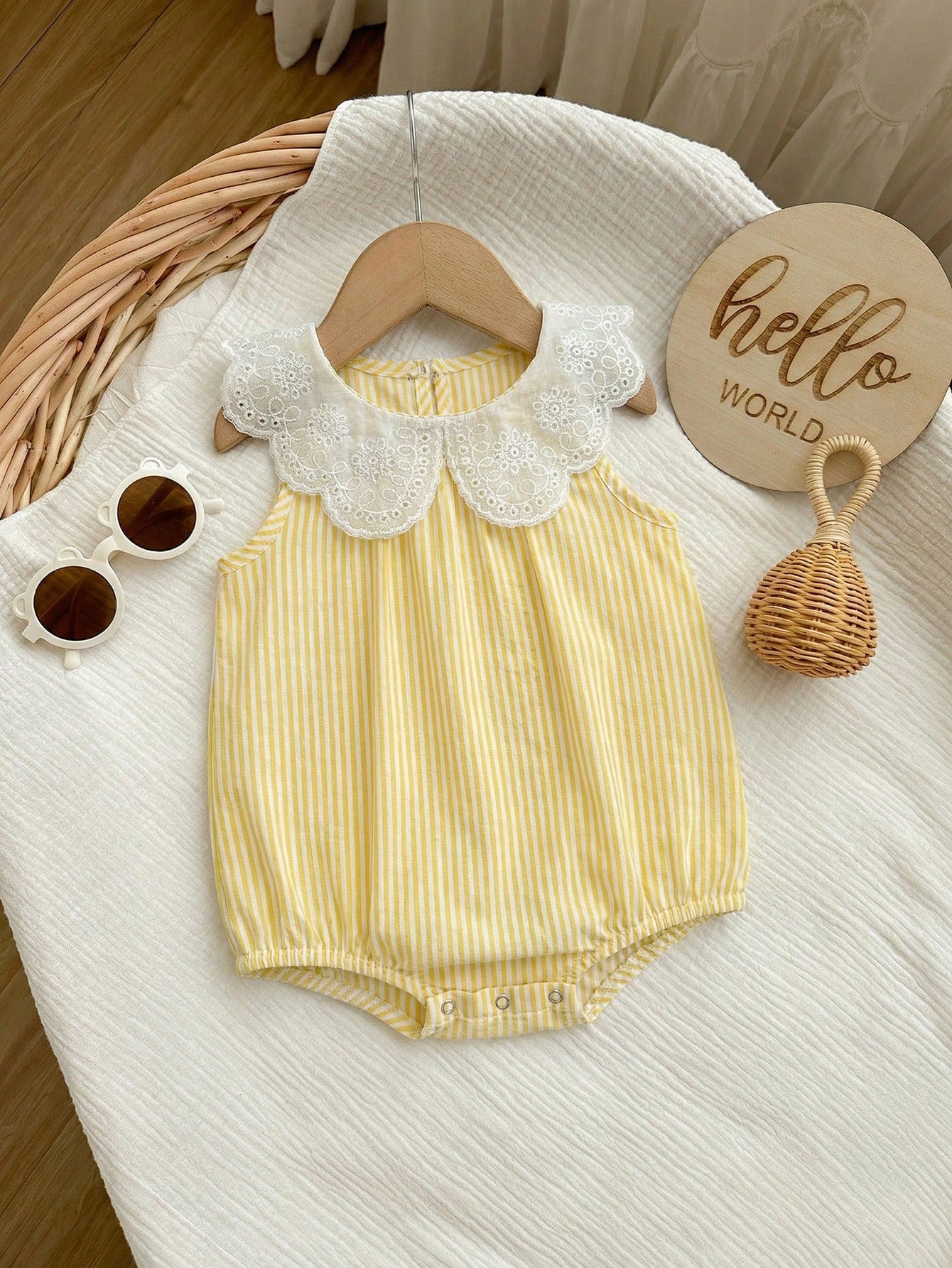 Baby Girls Eyelet Peter Pan Collar Striped Romper - Buttercup