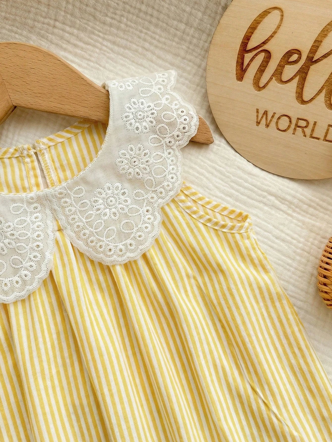 Baby Girls Eyelet Peter Pan Collar Striped Romper - Buttercup