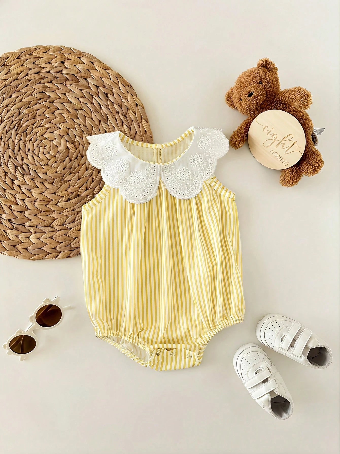 Baby Girls Eyelet Peter Pan Collar Striped Romper - Buttercup