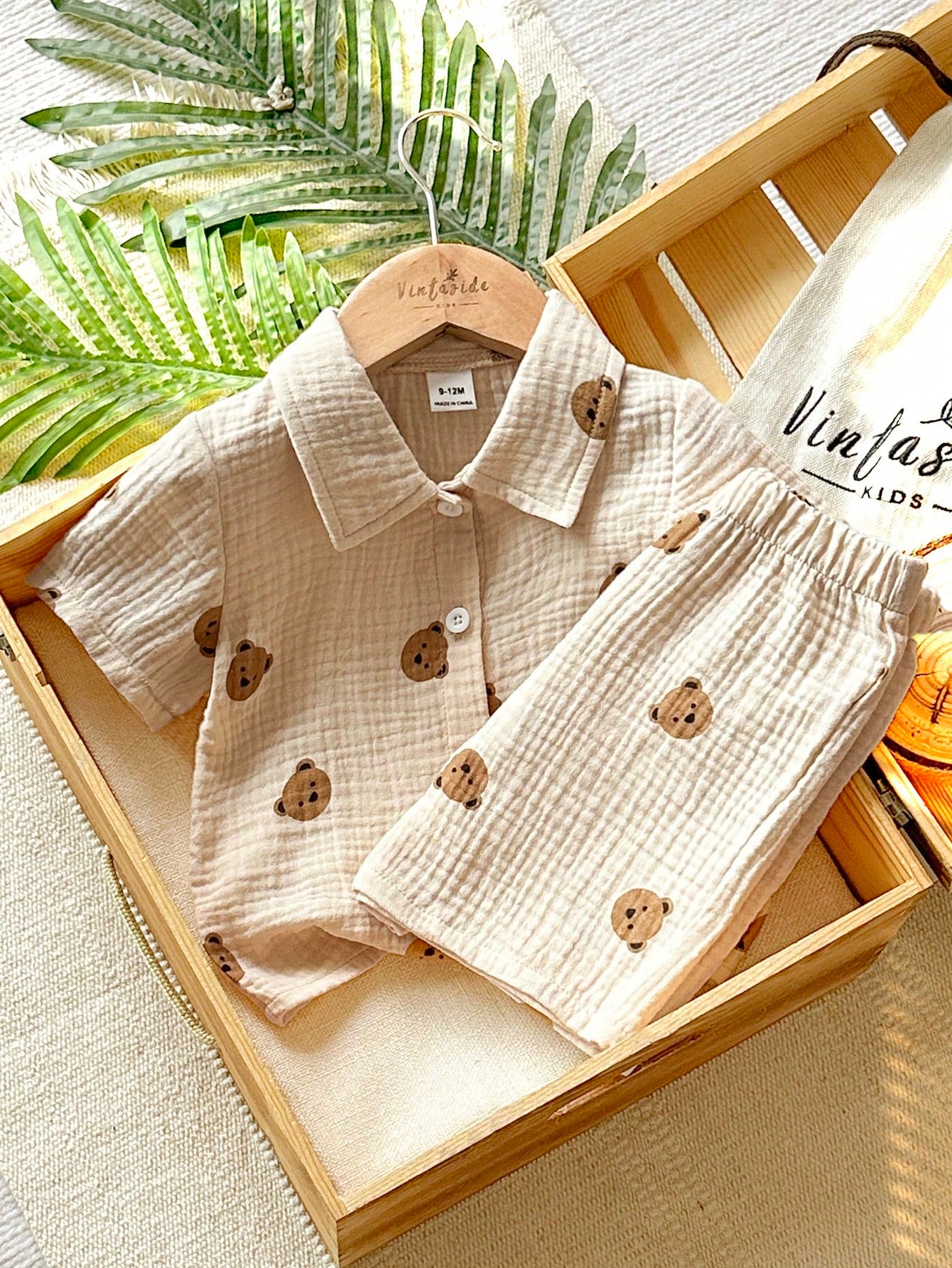 Boys Bear Print Muslin Collar Shirt & Shorts Set - Ecru