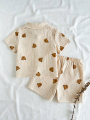 Boys Bear Print Muslin Collar Shirt & Shorts Set - Ecru