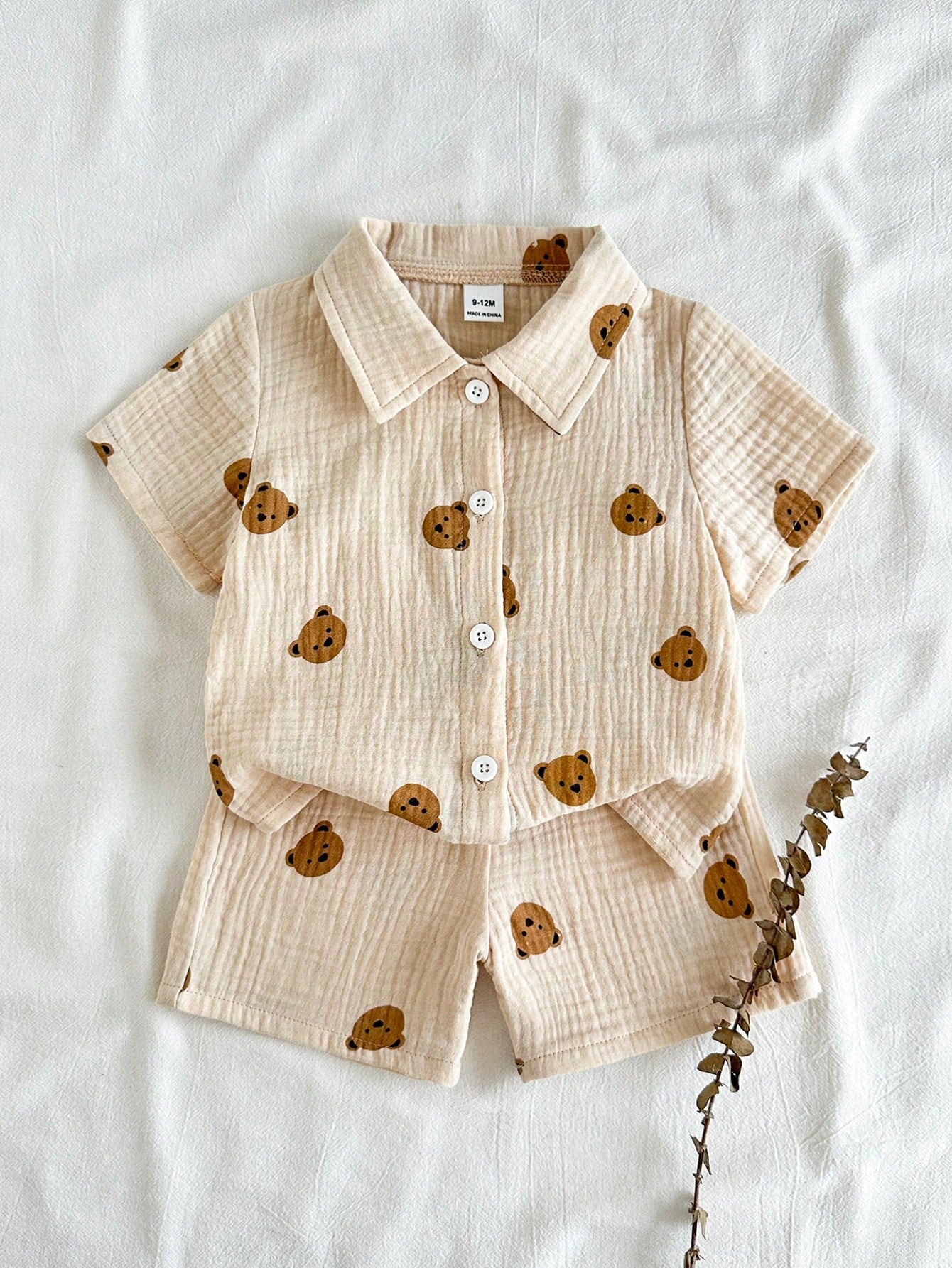 Boys Bear Print Muslin Collar Shirt & Shorts Set - Ecru