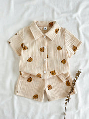 Boys Bear Print Muslin Collar Shirt & Shorts Set - Ecru