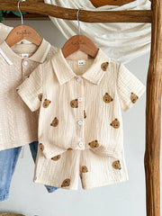 Boys Bear Print Muslin Collar Shirt & Shorts Set - Ecru