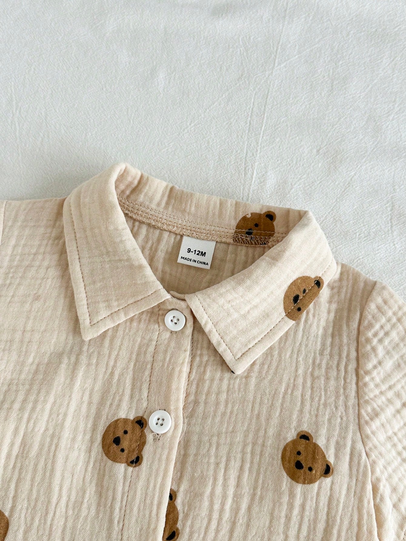 Boys Bear Print Muslin Collar Shirt & Shorts Set - Ecru