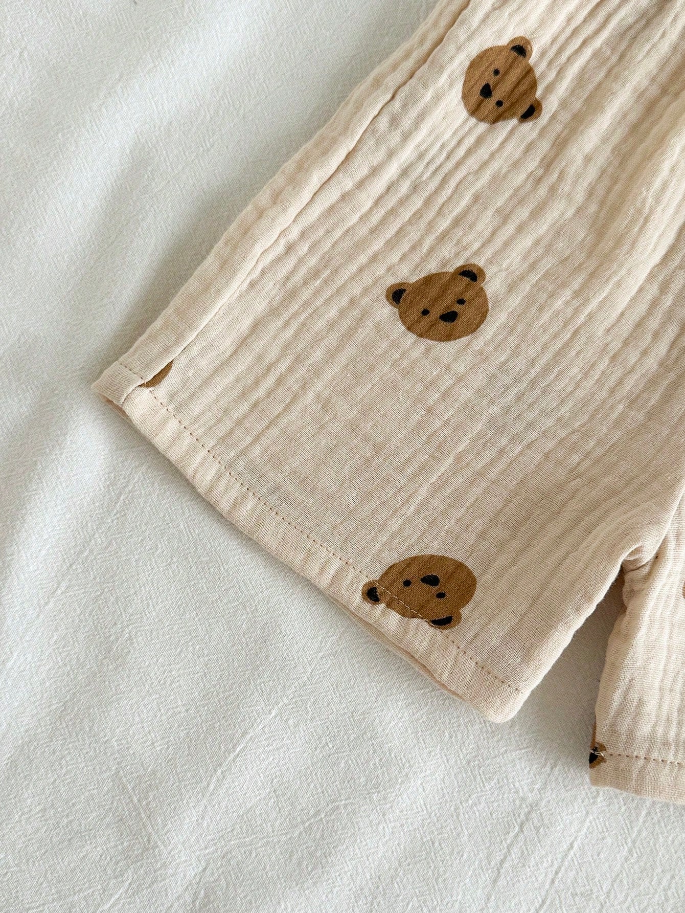 Boys Bear Print Muslin Collar Shirt & Shorts Set - Ecru