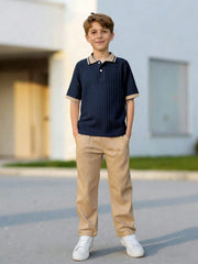 2pcs Boys Cable Knit Polo Shirt & Chino Trousers Set - Midnight | 2...