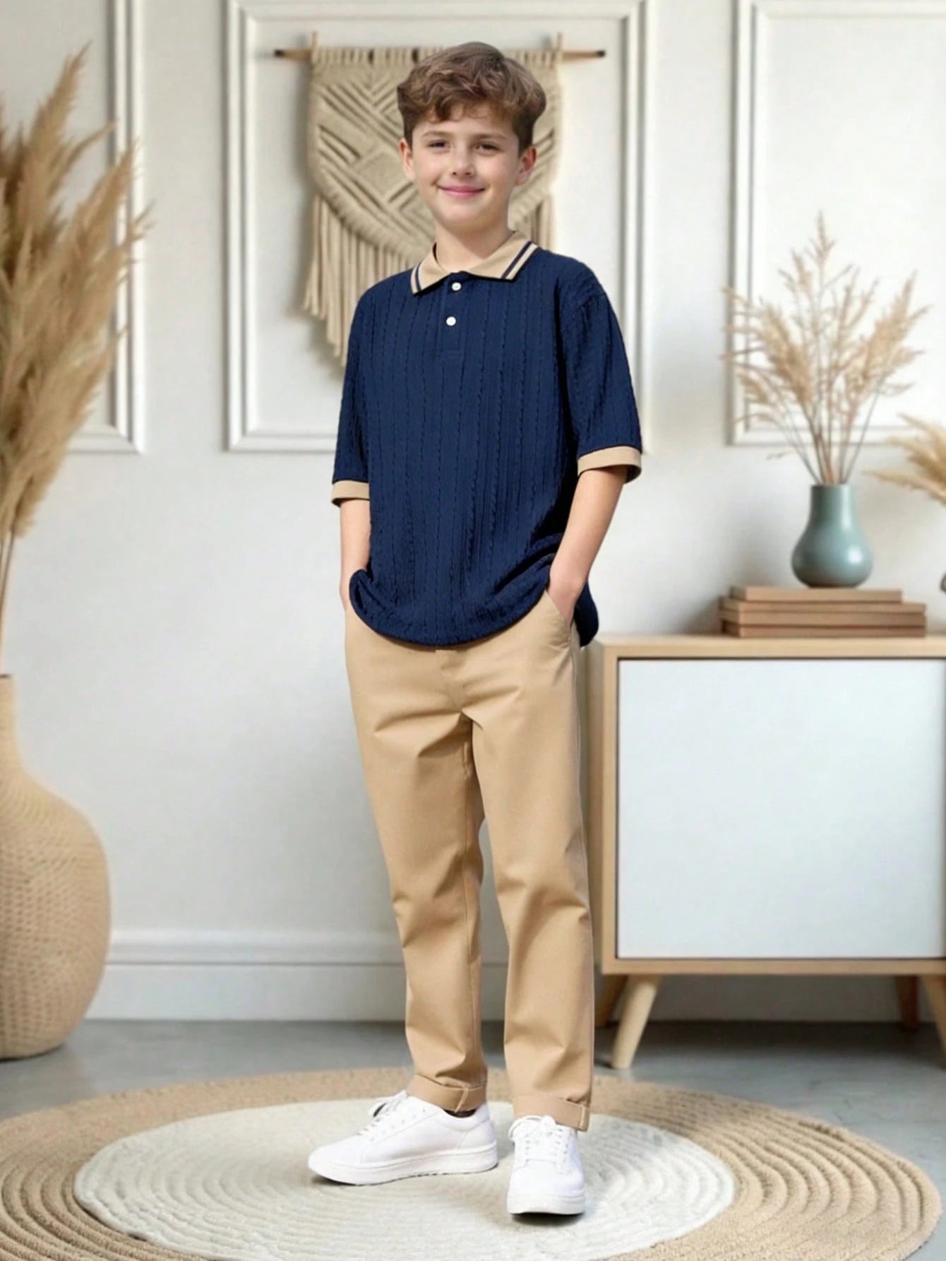 2pcs Boys Cable Knit Polo Shirt & Chino Trousers Set - Midnight | 2...