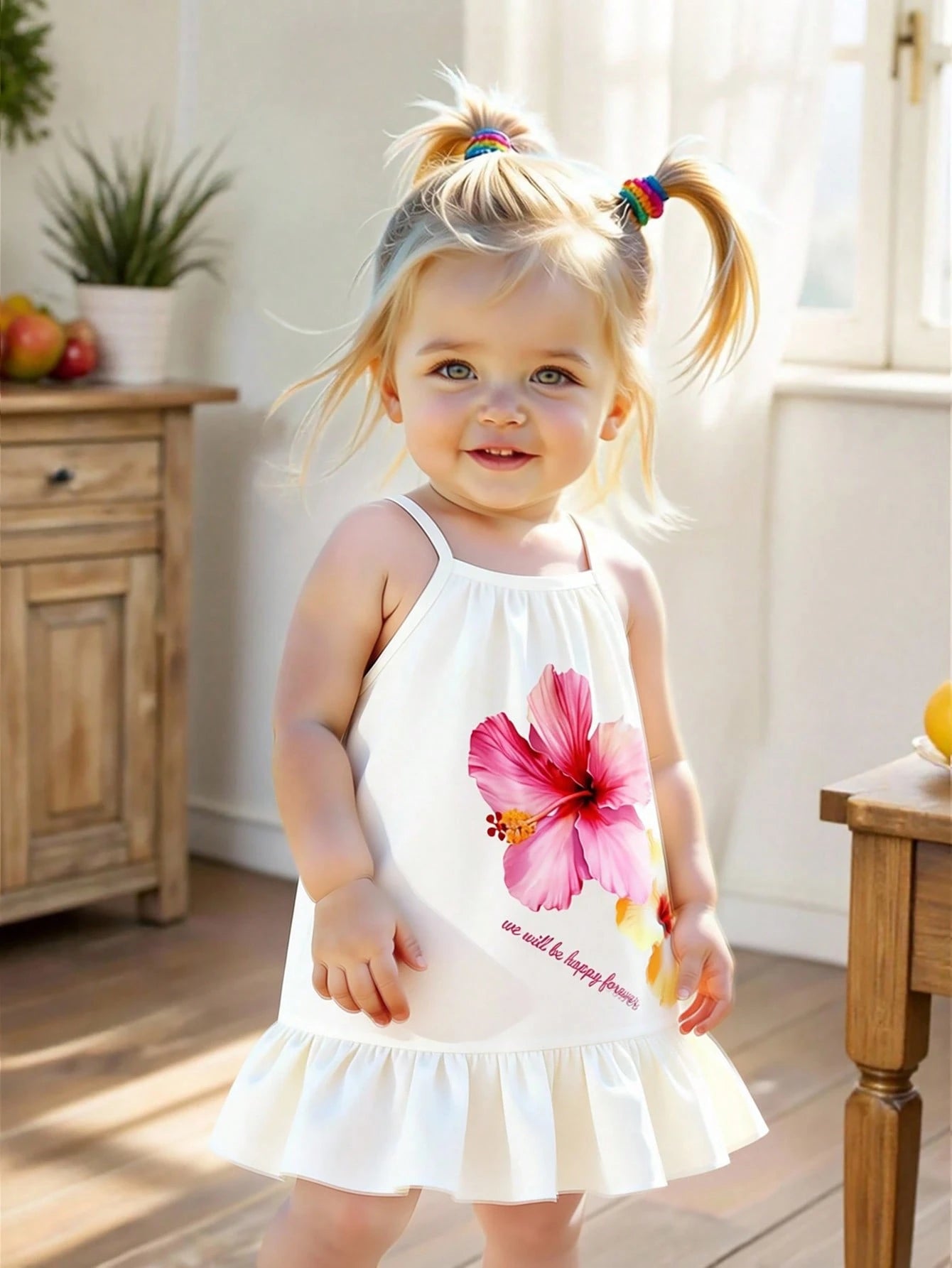 Girls Hibiscus Print Ruffle Hem Cami Dress - Ivory