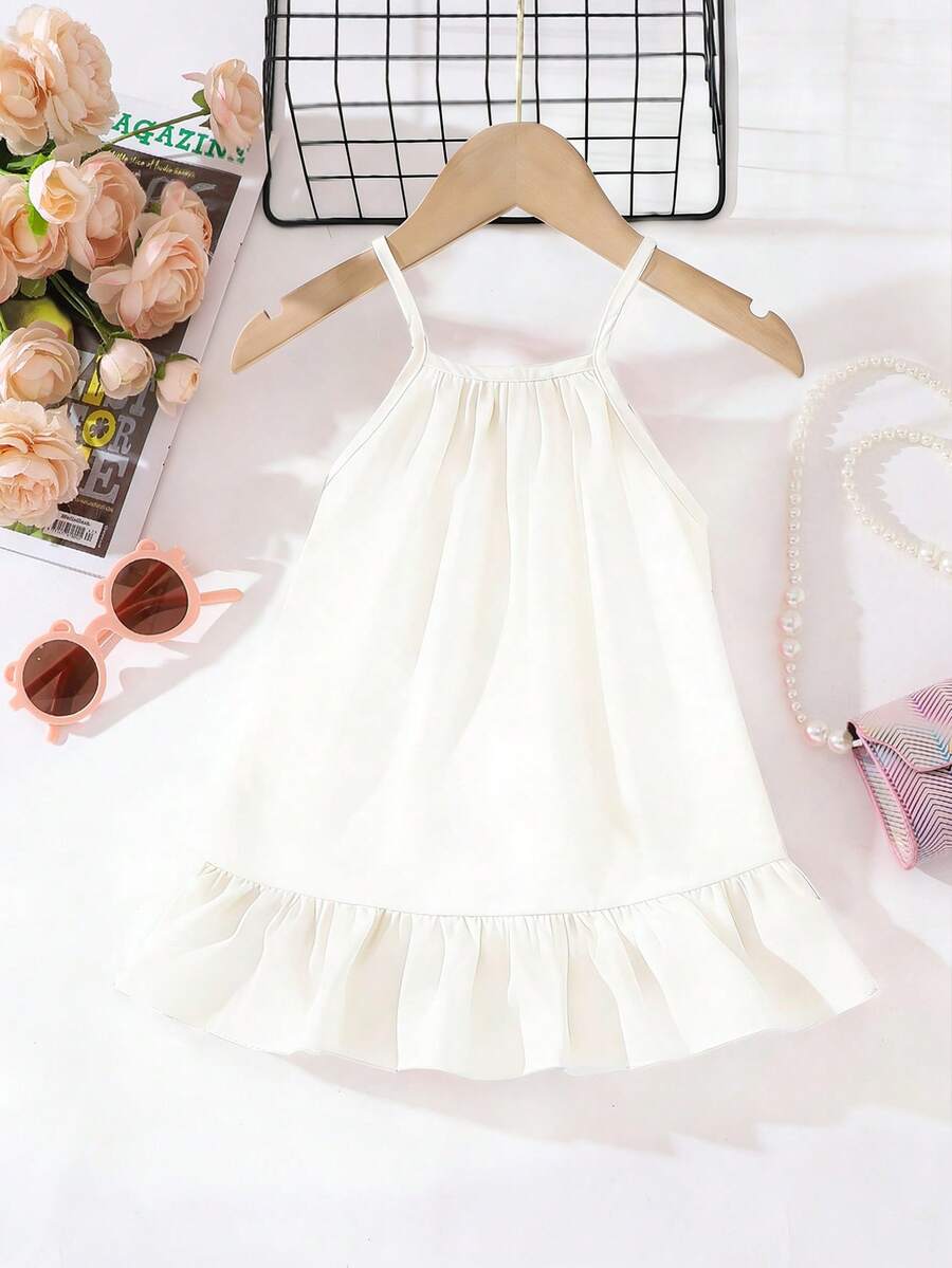 Girls Hibiscus Print Ruffle Hem Cami Dress - Ivory