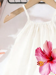 Girls Hibiscus Print Ruffle Hem Cami Dress - Ivory