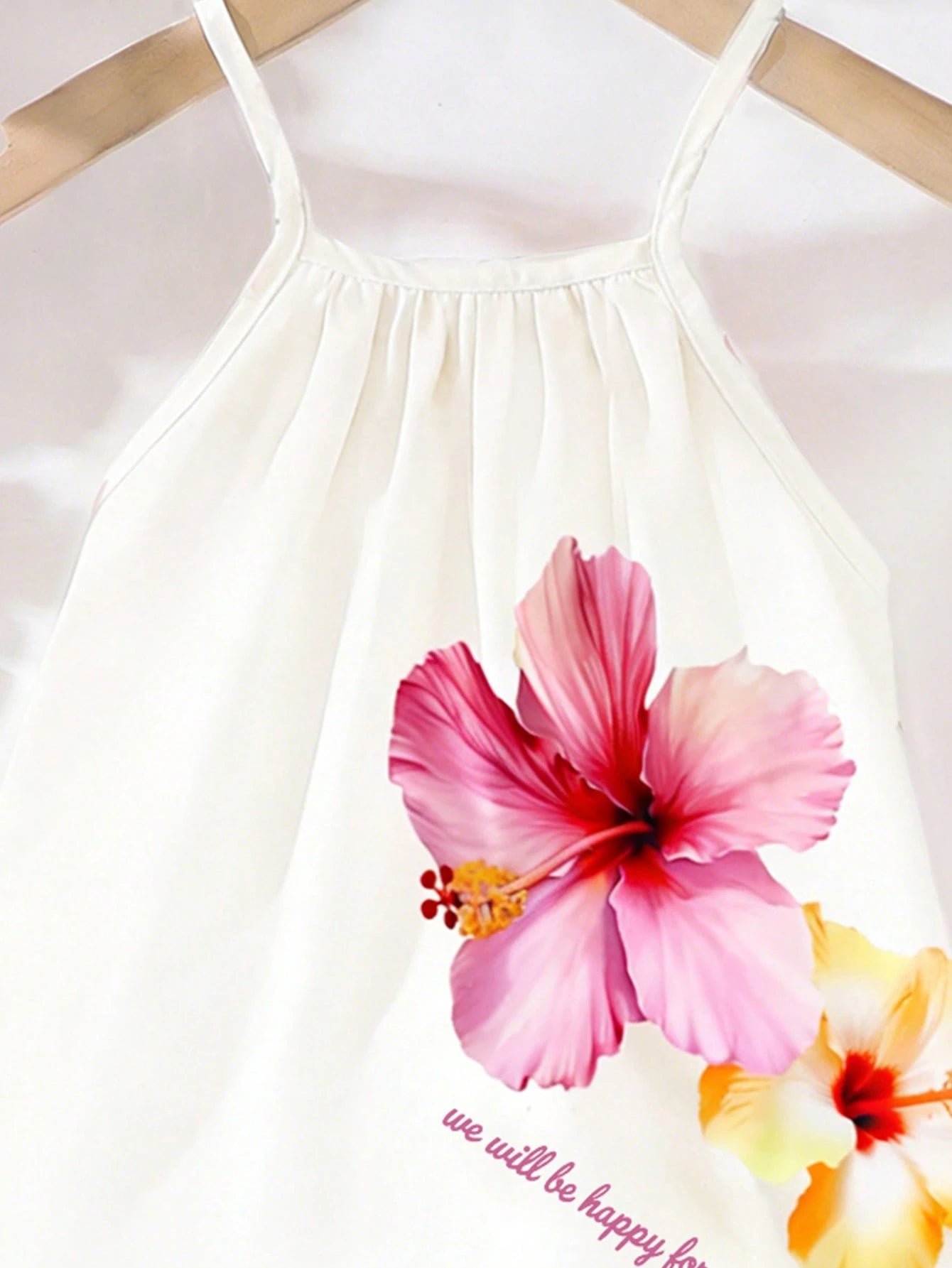 Girls Hibiscus Print Ruffle Hem Cami Dress - Ivory