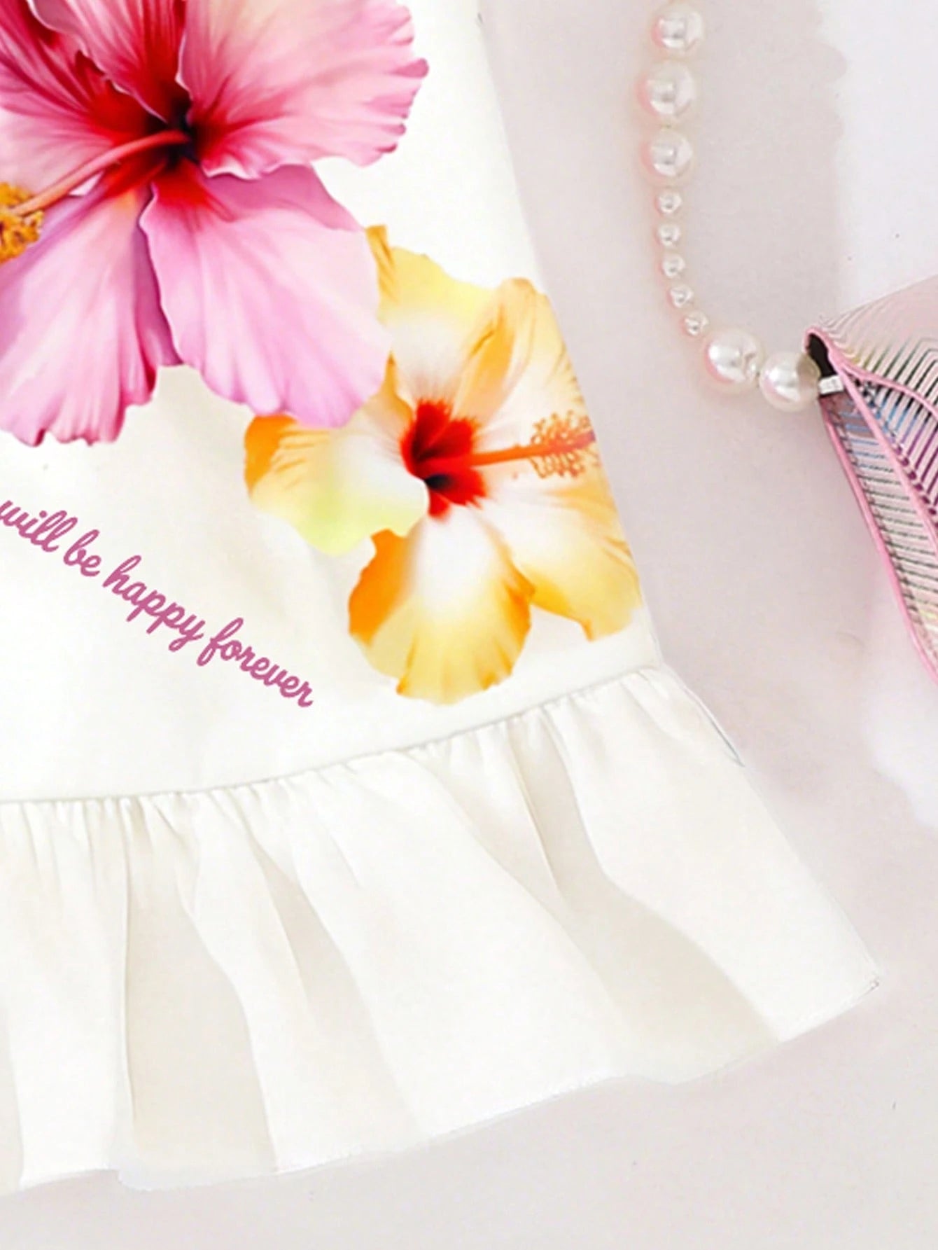 Girls Hibiscus Print Ruffle Hem Cami Dress - Ivory