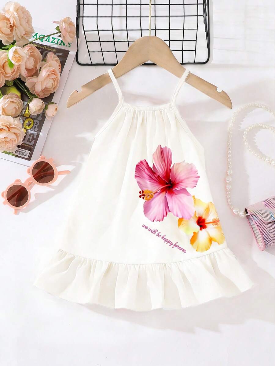 Girls Hibiscus Print Ruffle Hem Cami Dress - Ivory