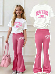 2pcs Big Girls New York Graphic Tee & Flare Pants Set - Fuchsia | 2...