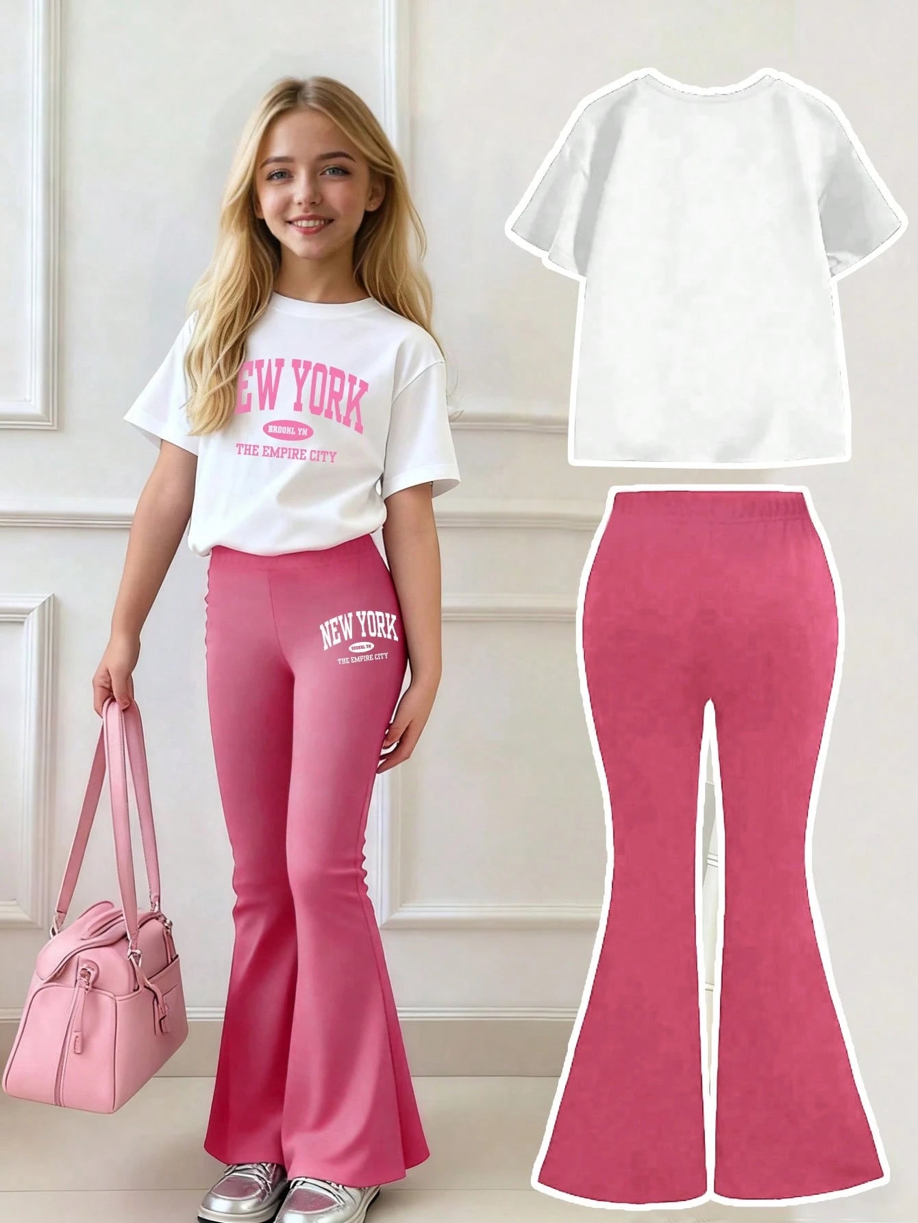 2pcs Big Girls New York Graphic Tee & Flare Pants Set - Fuchsia | 2...