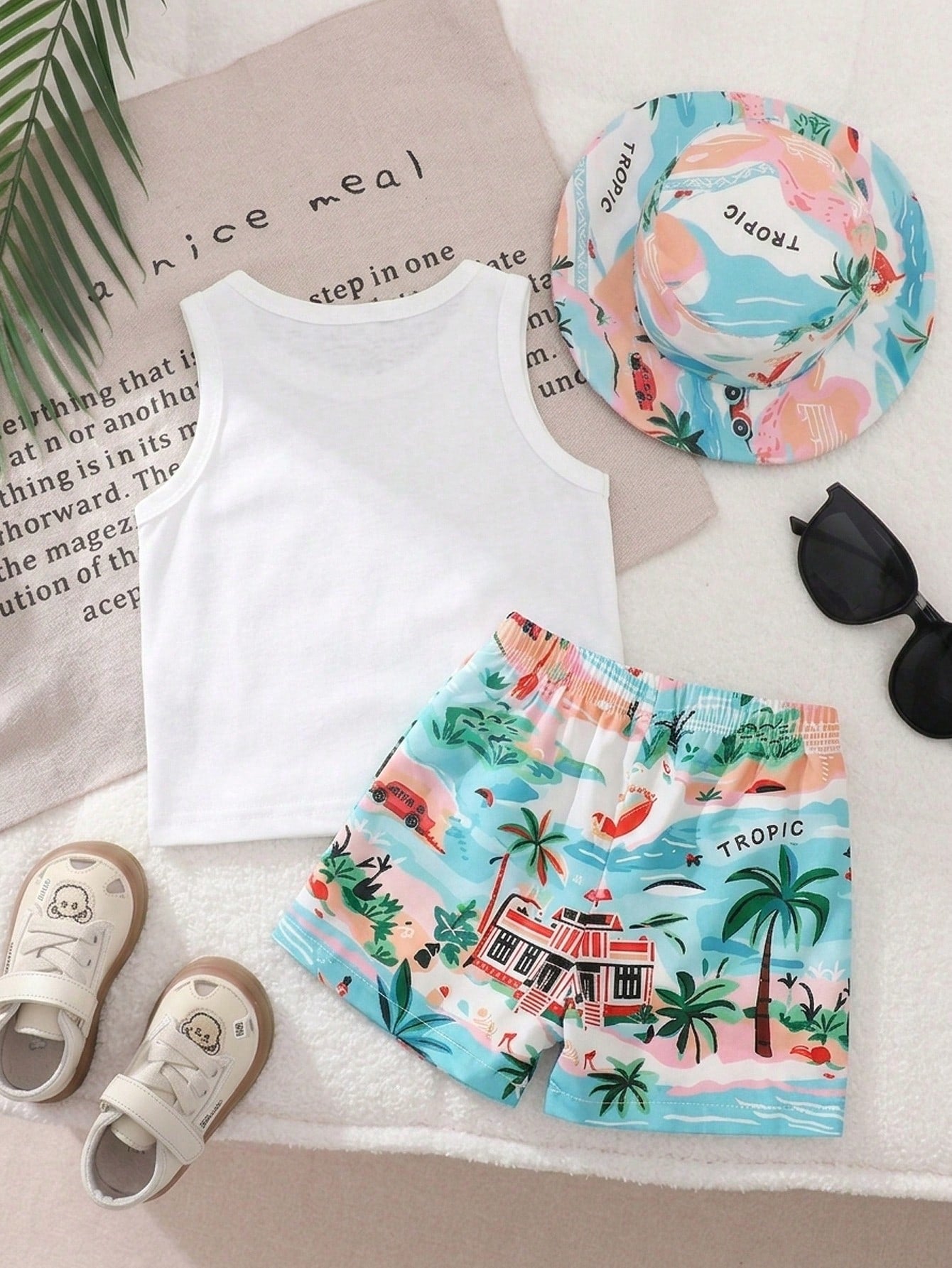 3pcs Boys Summer Time Graphic Tank Top & Tropical Shorts Set - Ivor...