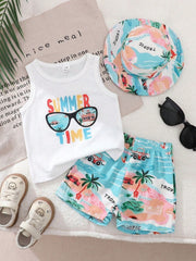 3pcs Boys Summer Time Graphic Tank Top & Tropical Shorts Set - Ivor...