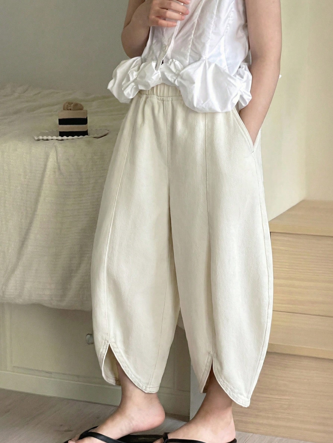 Little Girls Wide-Leg Tulip Hem Denim Trousers - Ecru | 21 Century ...
