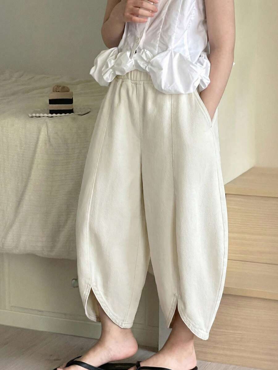 Little Girls Wide-Leg Tulip Hem Denim Trousers - Ecru | 21 Century ...