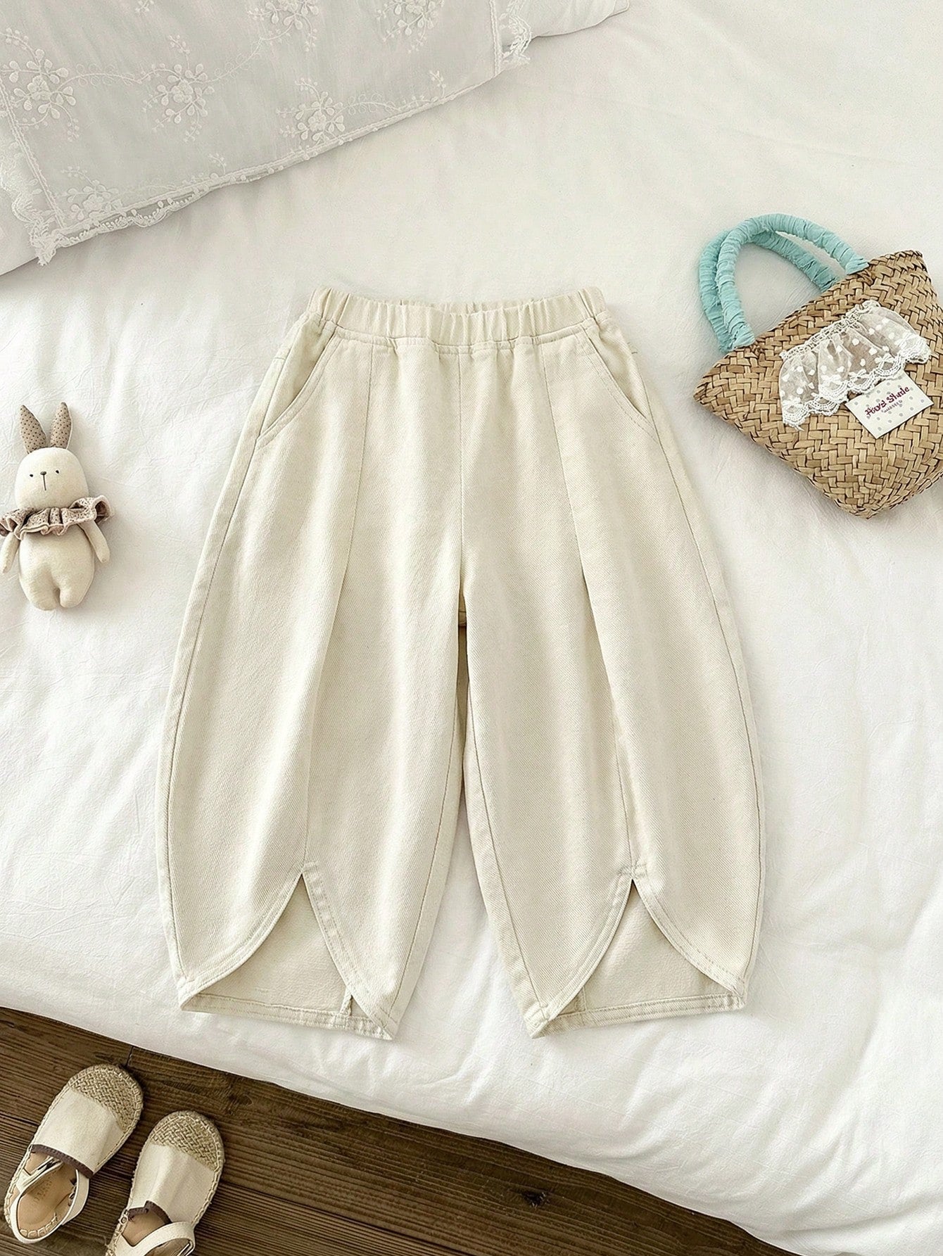 Little Girls Wide-Leg Tulip Hem Denim Trousers - Ecru | 21 Century ...