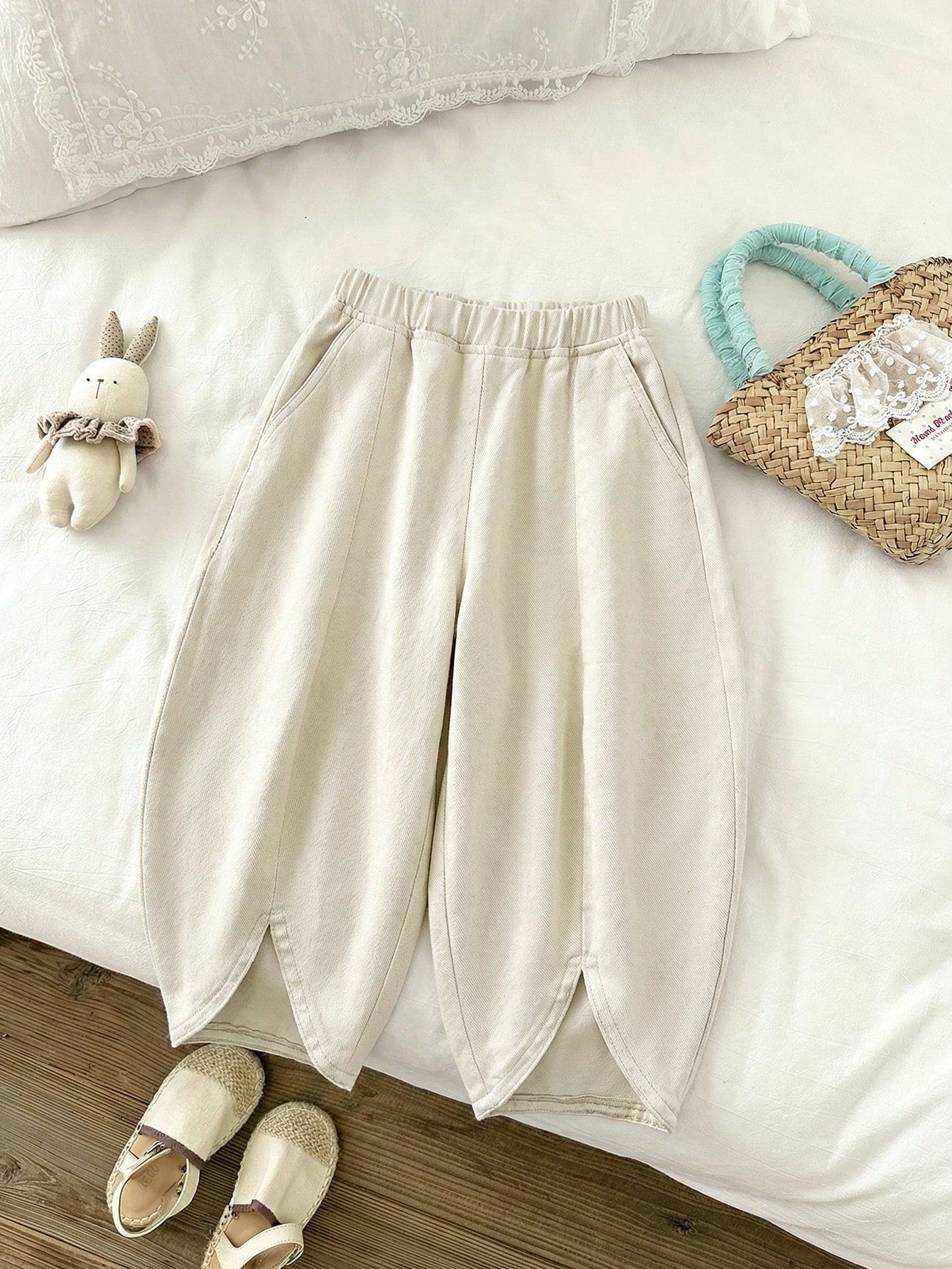 Little Girls Wide-Leg Tulip Hem Denim Trousers - Ecru | 21 Century ...