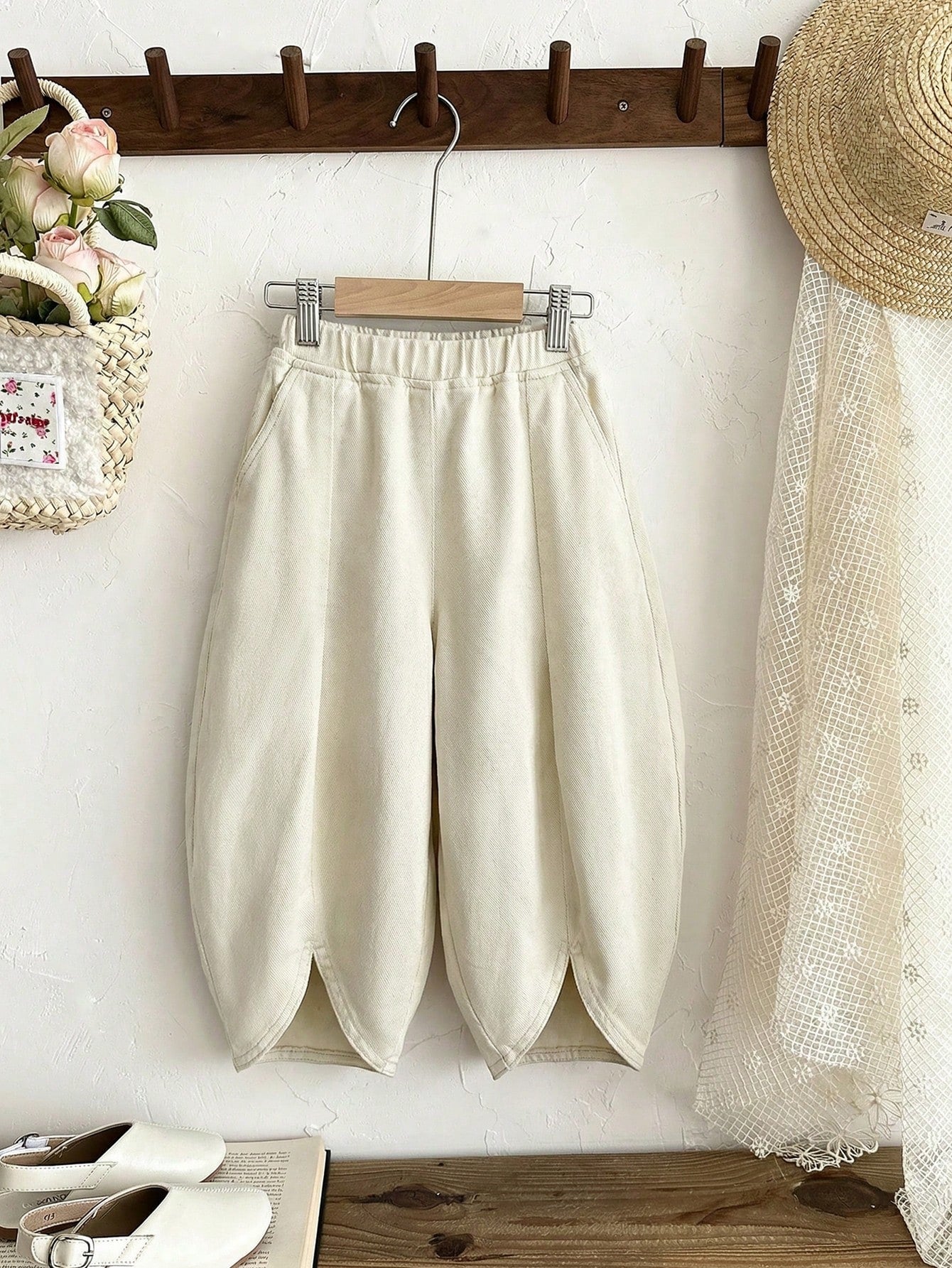 Little Girls Wide-Leg Tulip Hem Denim Trousers - Ecru | 21 Century ...