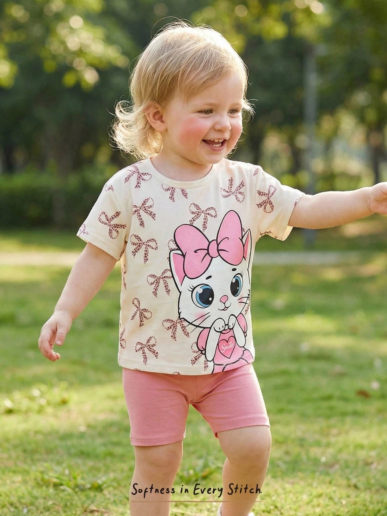 2pcs Girls Bow Print Tee & Shorts Set - Isabelline