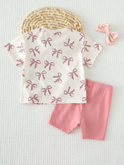 2pcs Girls Bow Print Tee & Shorts Set - Isabelline