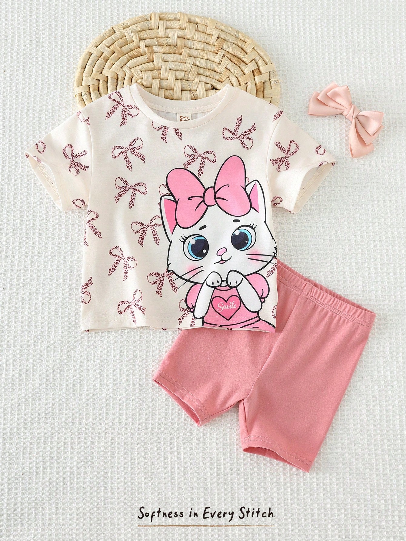 2pcs Girls Bow Print Tee & Shorts Set - Isabelline