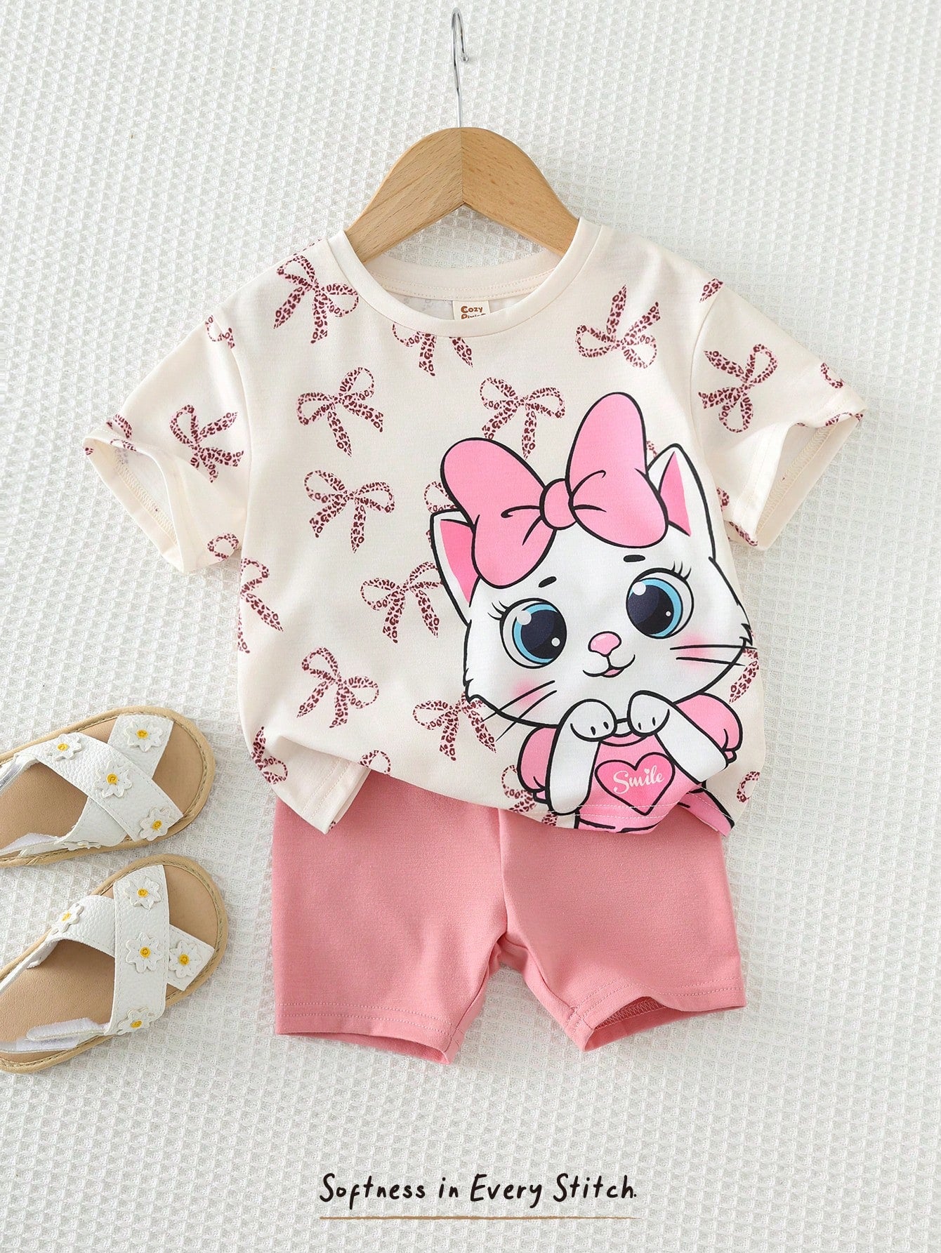 2pcs Girls Bow Print Tee & Shorts Set - Isabelline