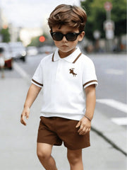 2pcs Little Boys Textured Polo & Chino Shorts Set - Ivory