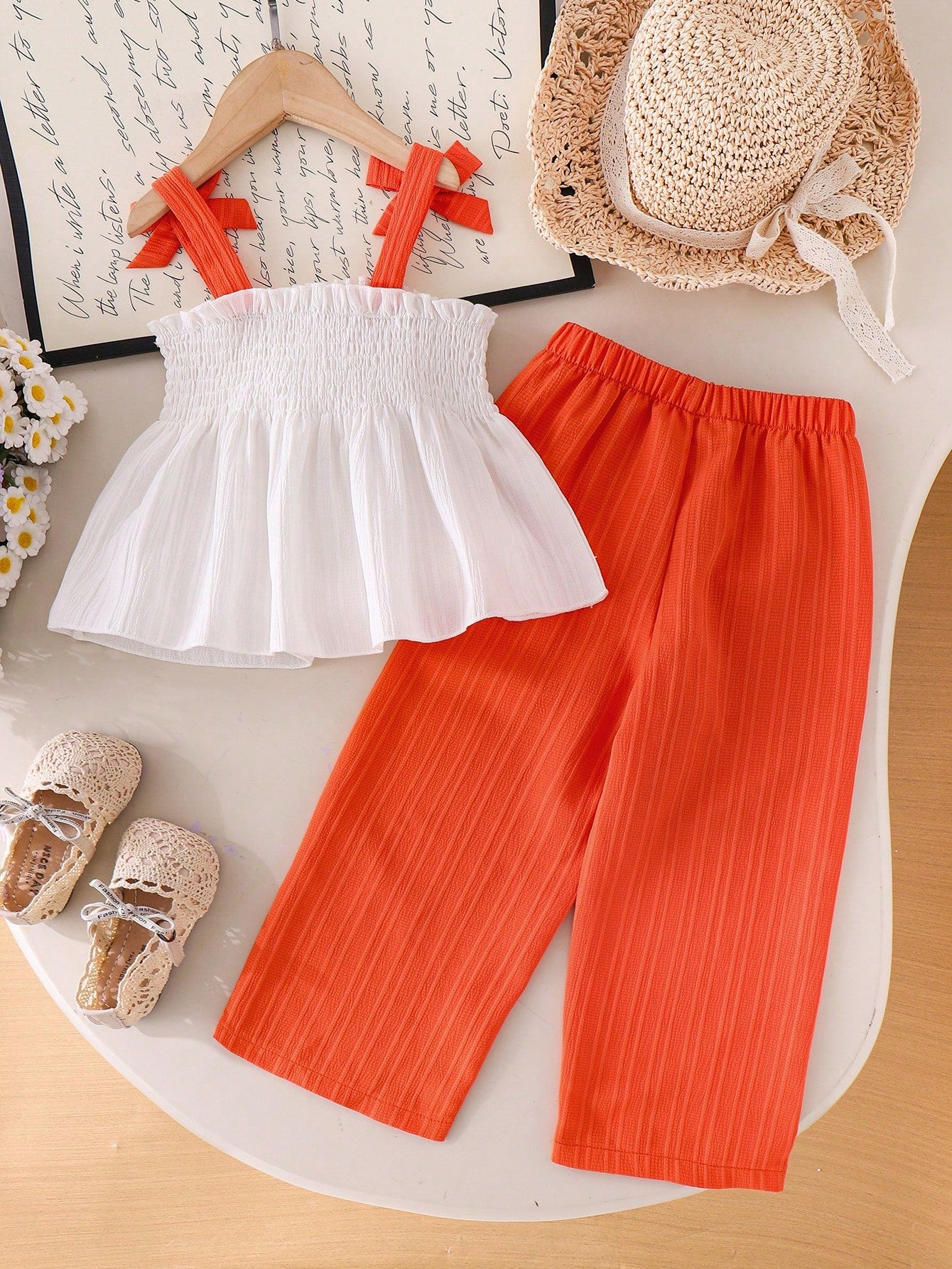 2pcs Girls 3D Floral Camisole & Wide-Leg Pants Set - Tangerine