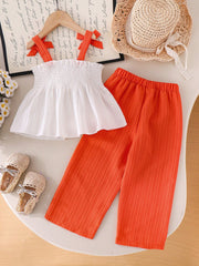2pcs Girls 3D Floral Camisole & Wide-Leg Pants Set - Tangerine