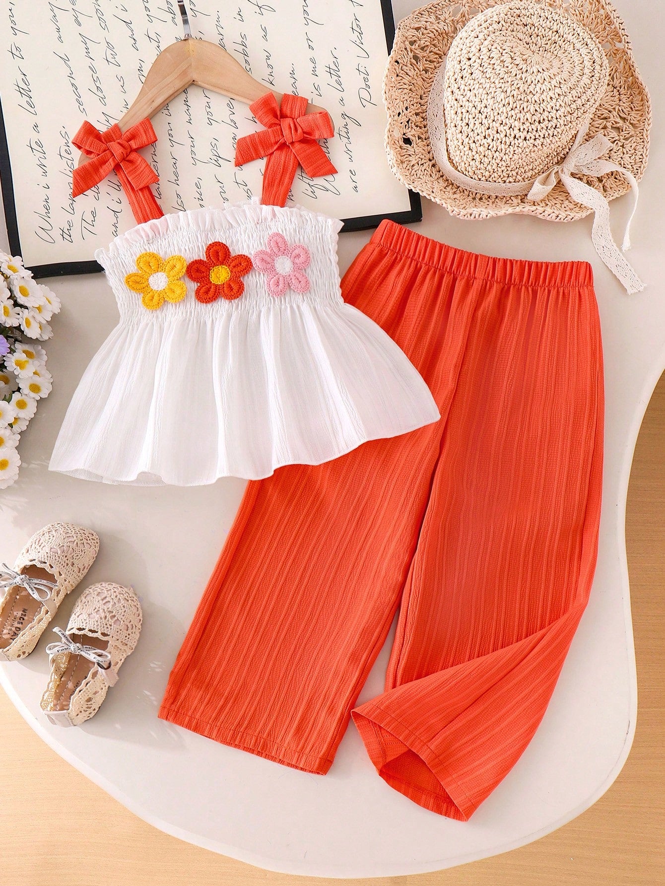 2pcs Girls 3D Floral Camisole & Wide-Leg Pants Set - Tangerine