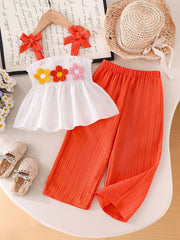 2pcs Girls 3D Floral Camisole & Wide-Leg Pants Set - Tangerine
