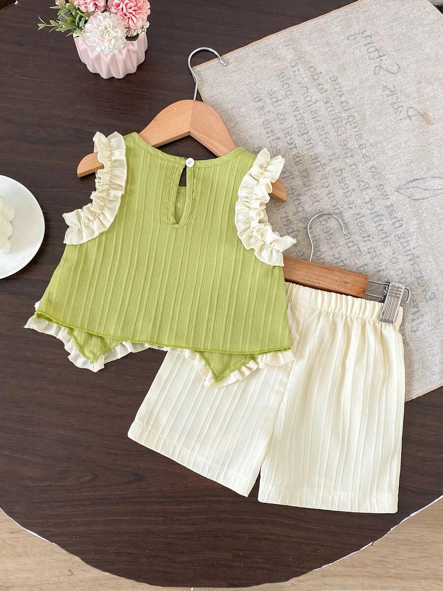 Girls Ruffle Trim Bow Vest & Shorts Set - Sage