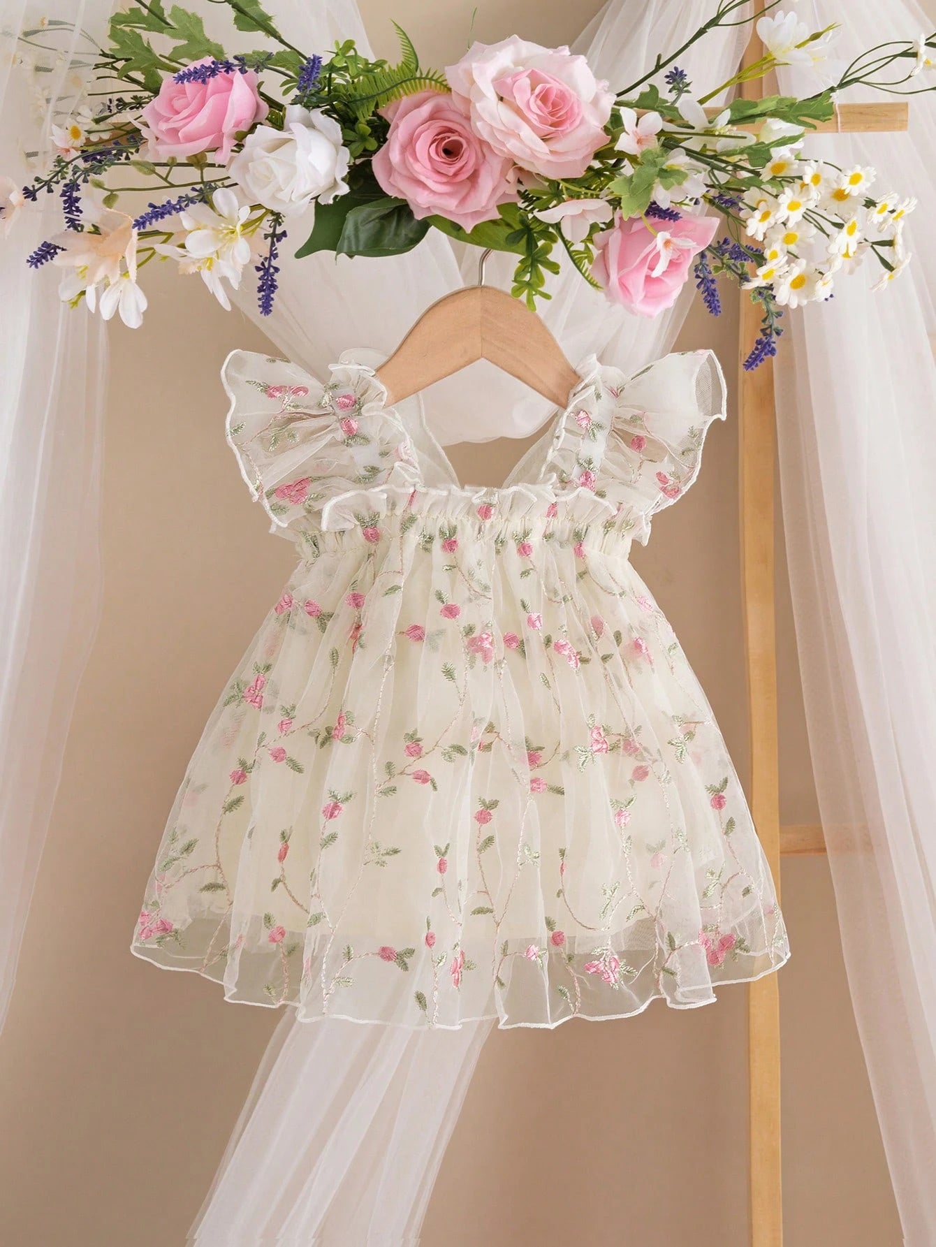 Baby Girls Rose Embroidered Tulle Butterfly Dress - Ivory | 21 Cent...
