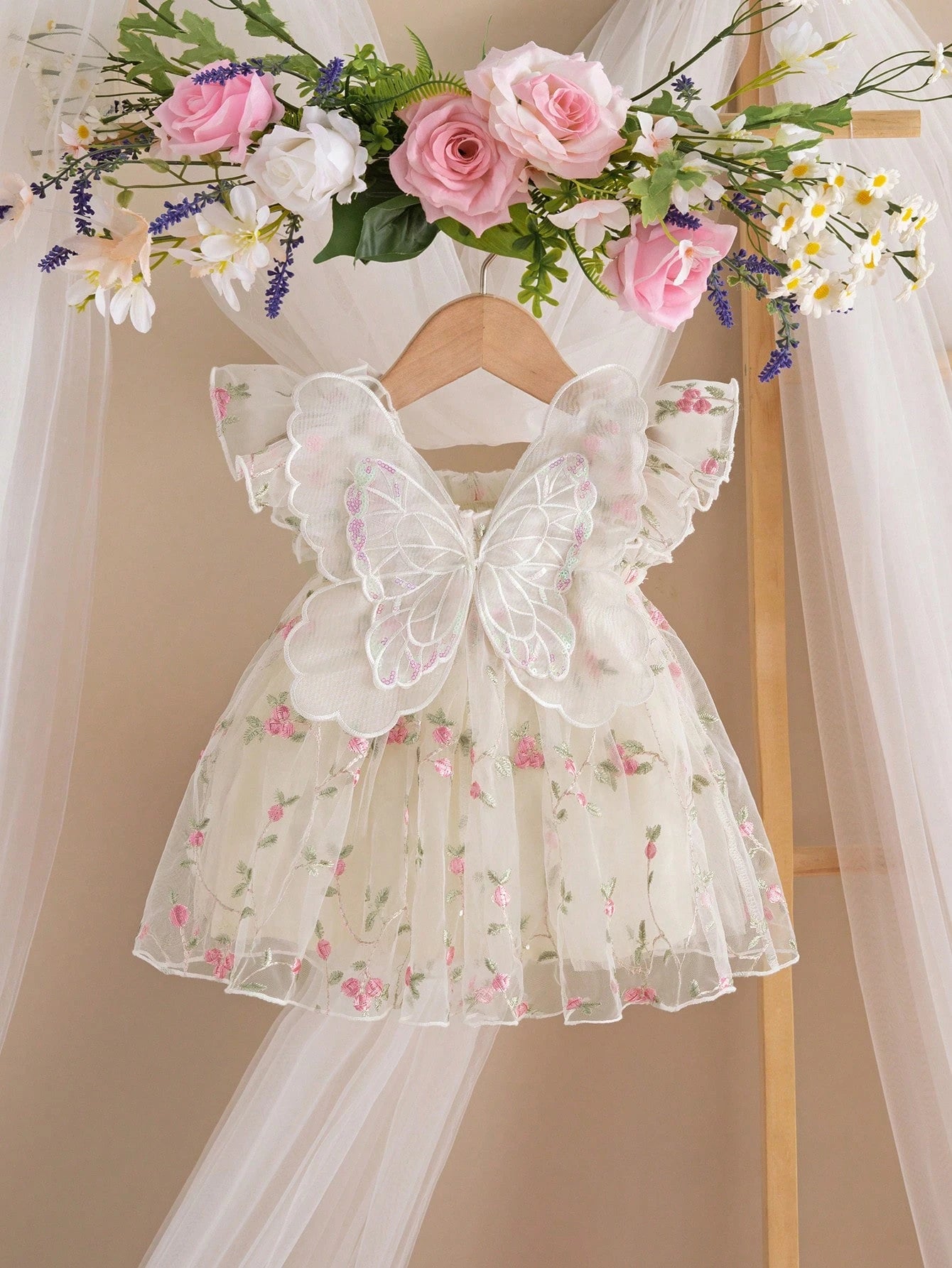 Baby Girls Rose Embroidered Tulle Butterfly Dress - Ivory | 21 Cent...
