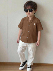 2pcs Boys Crinkle Cotton Stand Collar Shirt & Trousers - Latte